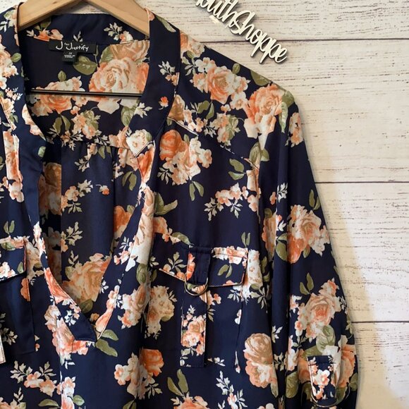 J for Justify Navy Blue and Vintage Floral Blouse Business Top Shirt Plus 1X - Picture 3 of 9
